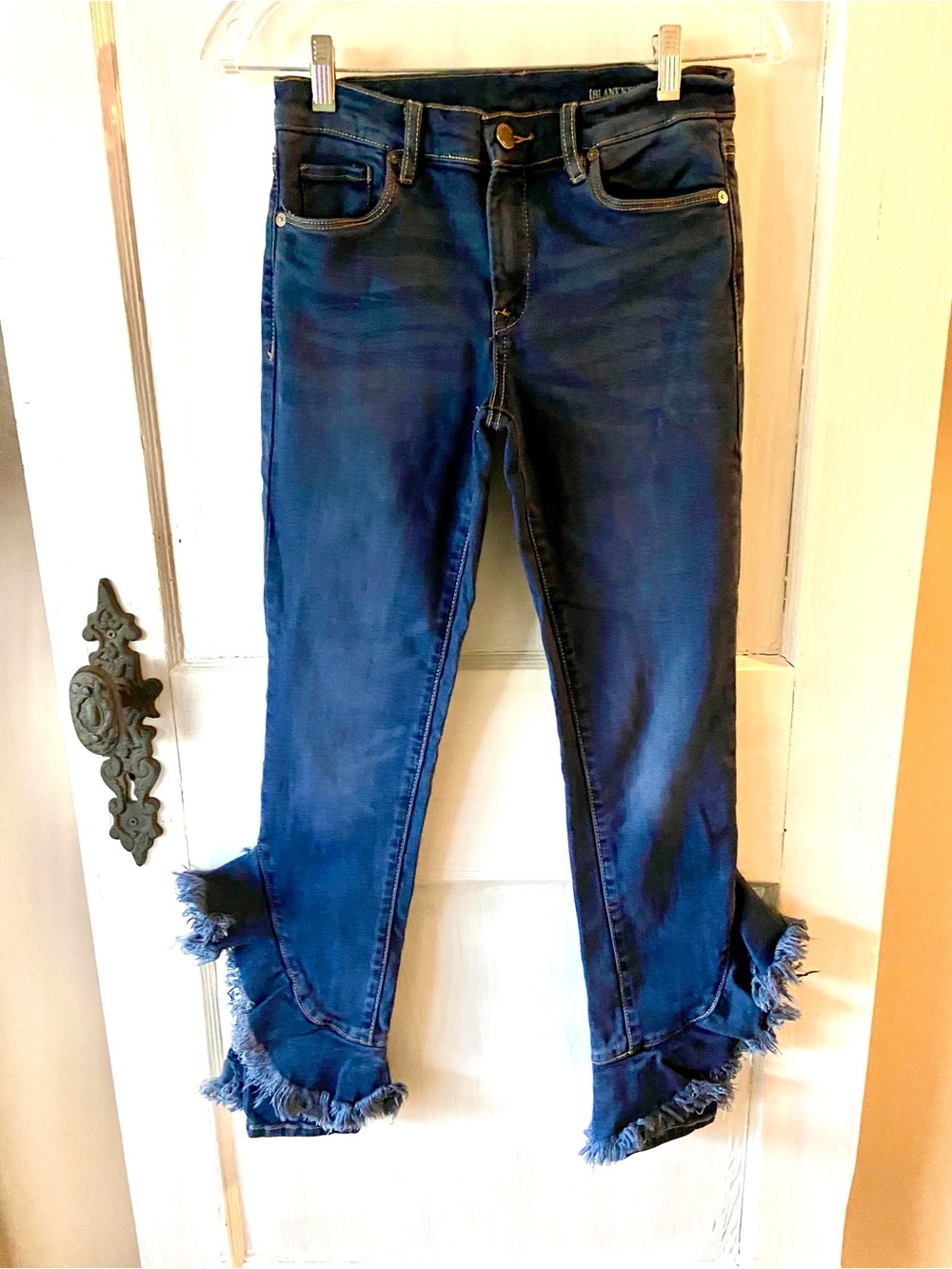 Blank NYC Distressed Ruffle-Hem Flare Jeans in Medium Blue - Picture 2 of 6